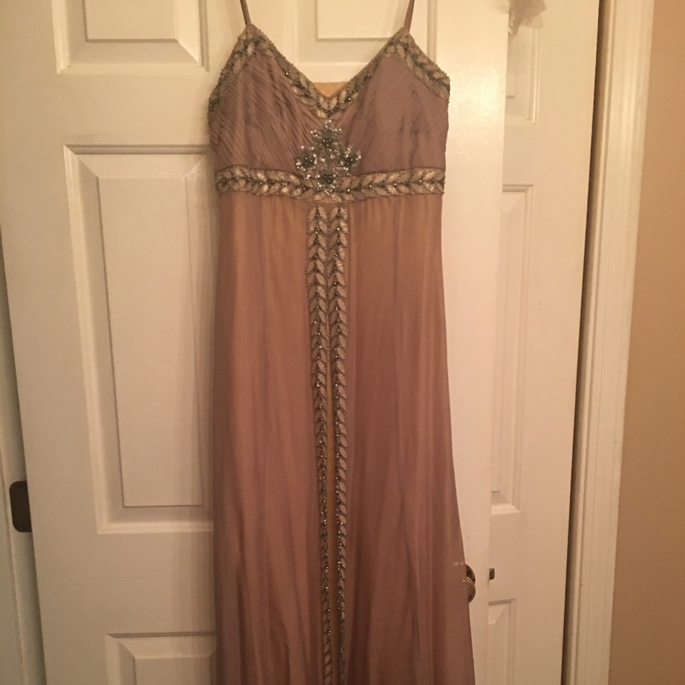 Sue Wong Elegant Beige and Silver Evening Gown